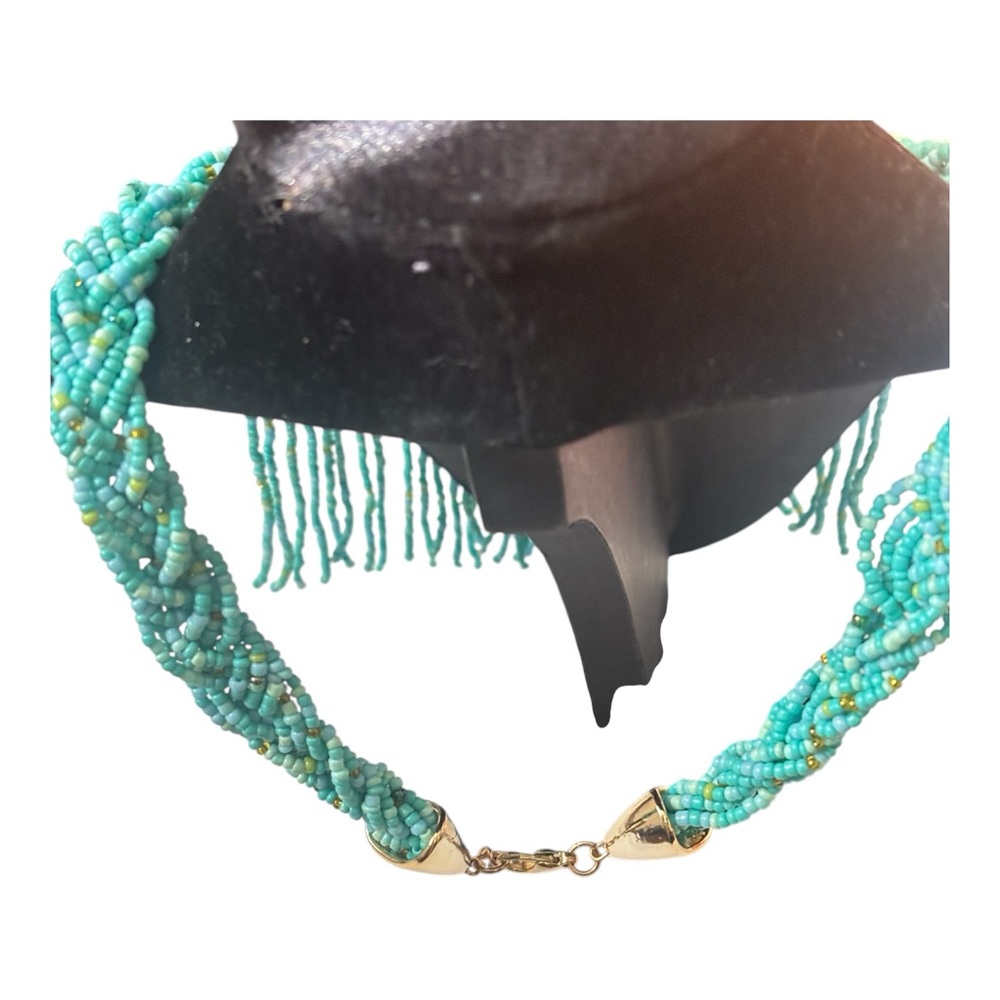 Turquoise Seed Beaded Fringe Statement Necklace - Unbranded 16 inches -Stunning! - Picture 3 of 5
